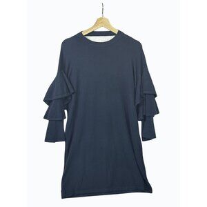 Olivaceous Teal Green Ruffled Sleeve Knit Dress With V-Neck Back & High Neckline